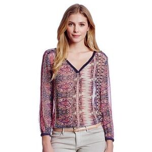 Lucky Brand Paisley print sheer long sleeve v-neck blouse